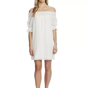 NWT CeCe Women's Smocked Off the Shoulder Clip Dot Soft Ecru Dress Size 4